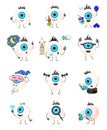 Eyeball character emoji set vector isometric illustration. Blue eye emoticon smiley eyesight protect