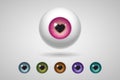 Eyeball and colored irises with heart-shaped pupils