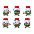 Eyeball in jar cartoon character are playing games with various cute emoticons