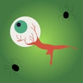 Eyeball with spiders. Green, emerald color eye illustration isolated on green background.