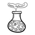 Vector hand drawn illustration. Eyeballs and bones in a flask with poison. Halloween decoration. Jar with venom. Glass Royalty Free Stock Photo