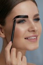 Eyebrow coloring. Woman applying brow tint with makeup brush Royalty Free Stock Photo