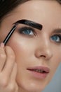 Eyebrow coloring. Woman applying brow tint with makeup brush Royalty Free Stock Photo