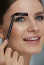 Eyebrow coloring. Woman applying brow tint with makeup brush Royalty Free Stock Photo