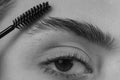 Eyebrow makeup. Beauty model shaping brows with brow pencil closeup. Beautiful woman contouring eyebrows. Macro close up