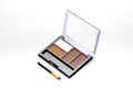 Eyebrow makeup shaping palette. black plastic case with brown four color eyeshadow and eyebrow brush applicator. Top view isolated