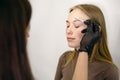 Eyebrow master applied foam on the eyebrows of a red-haired girl with freckles in a beauty salon for further coloring and shaping