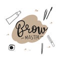 Eyebrow master, handwritten lettering, microblading, cosmetic procedure process concept and accessories