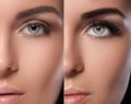 Eyebrow microblading and eyelash extension. Difference between eyes after makeup. Royalty Free Stock Photo