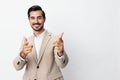 man up business winner victory arm businessman suit beige hand happy Royalty Free Stock Photo