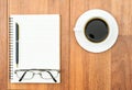 Eyeglasse and notepad with coffee cup on wood deck