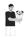 Eyeglasses arab man gifting bouquet flowers black and white 2D line cartoon character Royalty Free Stock Photo