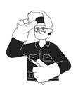 Eyeglasses asian male welder holding welding torch black and white 2D cartoon character