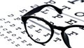 Eyeglasses with black frame and eye test chart. Royalty Free Stock Photo