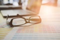 eyeglasses, color swatch on office desk. graphic designer workspace. creative design work. business workplace concept.