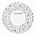 Eyeglasses concept in circle with thin line icons: sunglasses, sport glasses, rectangular, aviator, wayfarer, round, square, cat