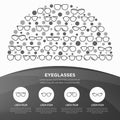 Eyeglasses concept in half circle with thin line icons: sunglasses, sport glasses, rectangular, aviator, wayfarer, round, square,