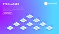 Eyeglasses concept with thin line isometric icons: sunglasses, sport glasses, rectangular, aviator, wayfarer, round, square, cat