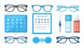 Eyeglasses, eye charts, and ophthalmological tools are displayed Royalty Free Stock Photo