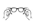 Eyeglasses icon. Oculist logo. Hand holding glasses. Vector.