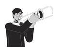 Eyeglasses indian man playing trombone black and white 2D line cartoon character