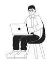 Eyeglasses man sitting in chair with laptop black and white 2D cartoon character