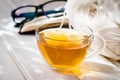 eyeglasses, open book, Cup of tea and Knitting threads Royalty Free Stock Photo