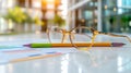 Eyeglasses and Pen in Office Setting on Documents Analysis Work Royalty Free Stock Photo