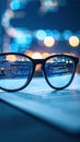 Eyeglasses reflecting computer code with blurred city lights in background Royalty Free Stock Photo