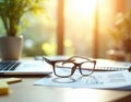 Eyeglasses rest on open document near laptop on wooden desk. Sunlight streams, work concept. Office workplace, modern tech, Royalty Free Stock Photo