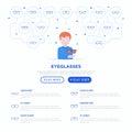 Eyeglasses shop concept: Man is trying on different eyeglasses. Gradient flat and thin line icons: sunglasses, sport glasses,