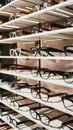 Eyeglasses showcase various designs on store shelf for optical choices