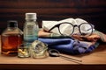 eyeglasses on a table with a lens cleaning kit nearby Royalty Free Stock Photo