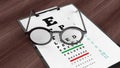 Eyeglasses on tablet with eyesight test on screen