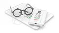 Eyeglasses, tablet and smartphone with eyesight test on screen