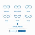 Eyeglasses thin line icons set: sunglasses, sport glasses, aviator, round, square. Modern vector illustration