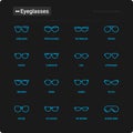 Eyeglasses thin line icons set: sunglasses, sport glasses, rectangular, aviator, wayfarer, round, square, cat eye, oval,