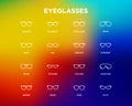 Eyeglasses thin line icons set: sunglasses, sport glasses, rectangular, aviator, wayfarer, round, square, cat eye, oval,