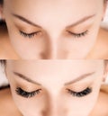 Eyelash Extension. Comparison of female eyes before and after.