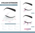 Eyelash extension guide. Density of eyelash extension for great look. Tips and tricks. Infographic vector illustration. Template