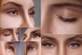 Eyelash extension procedure. Beautiful Woman with long lashes in a beauty salon. Collage.