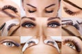 Eyelash extension procedure. Beautiful Woman with long lashes in a beauty salon. Collage. Royalty Free Stock Photo