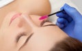 Eyelash extension procedure close up. Beautiful woman with long eyelashes in a beauty salon. Makeup concept Royalty Free Stock Photo