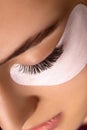 Eyelash Extension Procedure. Close up view of beautiful female eye with long eyelashes, smooth healthy skin. Royalty Free Stock Photo