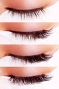 Eyelash Extension Procedure. Comparison of female eyes before and after. Royalty Free Stock Photo