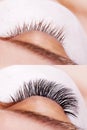 Eyelash Extension Procedure. Comparison of female eyes before and after. Royalty Free Stock Photo