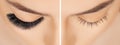 Eyelash extension procedure before after. False eyelashes. Close up portrait of woman eyes with long lashes in beauty Royalty Free Stock Photo