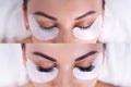 Eyelash Extension Procedure. Female eyes before and after.