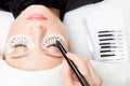 Eyelash extension procedure. Master marker puts markup scheme guide lashes