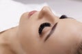 Eyelash Extension Procedure. Woman Eye with Long Eyelashes. Close up, selective focus. Hollywood, russian volume Royalty Free Stock Photo